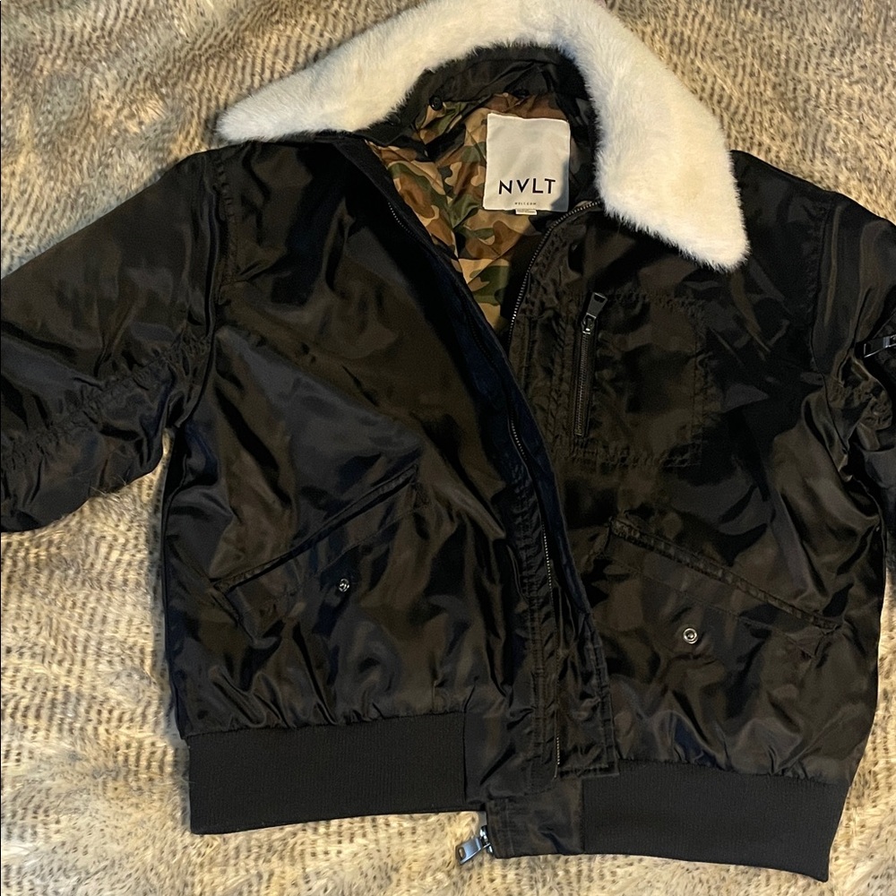 NVLT Black Puffer bomber Jacket with detachable faux fur collar
